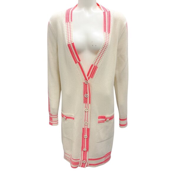 Chanel Rare Ivory / Pink Iconic CC Logo Button Long Cashmere Knit Biarritz Deauv - Picture 1 of 7